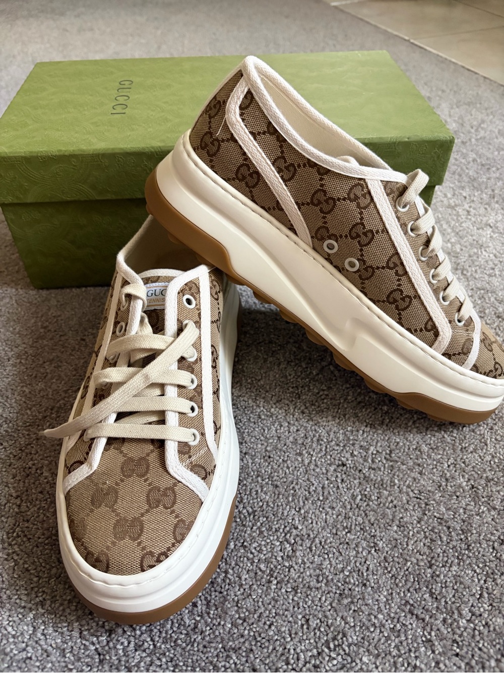 Men’s Gucci Brown GG Canvas Platform Sneakers with Cream Trim size 7.5